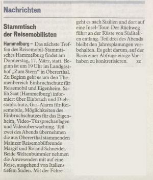 Das nächste Treffen des Reisemobil-Stammtisches Hammelburg findet am Donnerstag, 17. März, statt.